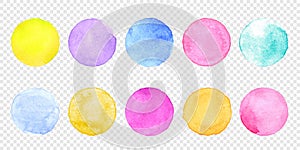 Color watercolor circle set. Vector smear watercolour splash stain on transparent background.