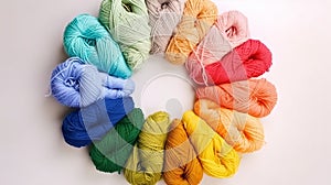 Color wheel of yarn. Rainbow and spectrum. White background. Threads of different colors