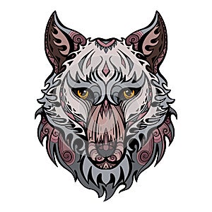 Color wolf head front view with ethnic decorations. Predator portrait with curls and tribal ornaments. Dog muzzle. Vector colorful