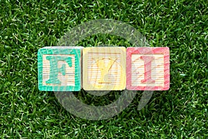 Color wood block in word FYI Abbreviation of For your information on green grass background