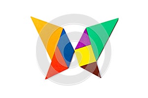 Color wood tangram in butterfly shape on white background
