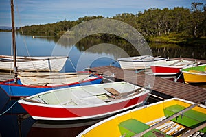 Color Wooden Boats with Paddles in a Lake