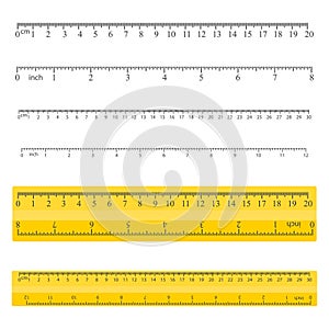 Color yellow measuring rulers set, centimeters and inch, stationery