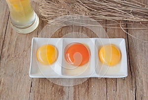 Color of yolk on white plate,raw eggs