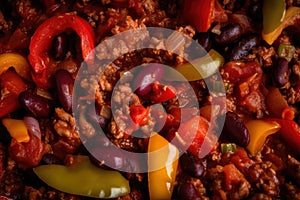 Color Your Plate with a Macro Shot of Chili con Carne Loaded with Vibrant Tomatoes and Peppers photo