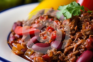 Color Your Plate with a Macro Shot of Chili con Carne Loaded with Vibrant Tomatoes and Peppers photo