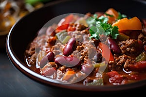 Color Your Plate with a Macro Shot of Chili con Carne Loaded with Vibrant Tomatoes and Peppers photo