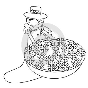 Girl with pot of flowers, picture for children to color, black and white, isolated. photo