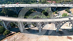 Colorado Bridge fast moving traffic, Pull back aerial overlooking freeway