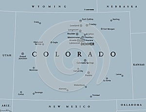 Colorado, CO, gray political map, US state, The Centennial State photo