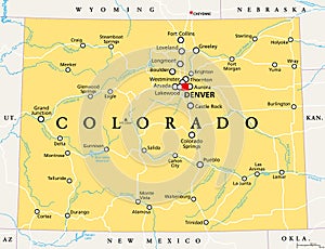 Colorado, CO, political map, US state, nicknamed The Centennial State