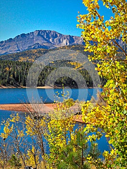 Colorado Fall Colors with Pikes Peak and Crystal Creek reservoir