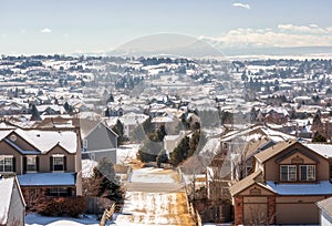 Centennial, Colorado - Denver Metro Area Residential Winter Panorama with the view of a Front Range mountains on photo