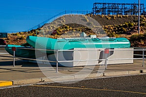 Colorado River Discovery raft near the Glen Canyon Dam Bridge in Arizona