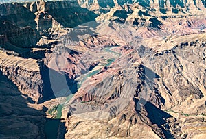 Colorado River in Grand Canyon aerial view from helicopter
