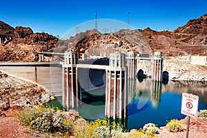 Colorado river Hoover Dam water releasing towers