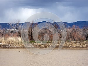 Colorado River with stom clouds over the Bookcliffs