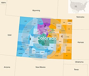 Colorado state counties colored by congressional districts vector map with neighbouring states and terrotories