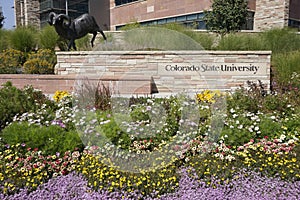 Fort Collins, Colorado, USA September 19, 2021: Colorado State Univerisity sign with statue of a ram