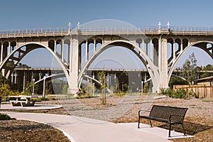 Colorado Street Bridge with Park in the Foreground - Bench - Day time - Pasadena - Los Angeles