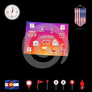 Colorado Vector Map, Night View. Compass Icon, Map Navigation Elements. Pennant Flag of the USA. Industries Icons