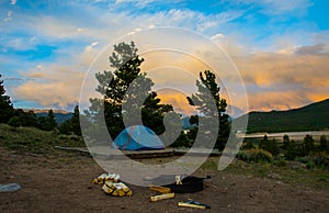 Colorado wilderness camping tent sunset camp fire