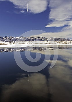 Colorado Winter Landscape with Frozen Lake and Snowy Mountains