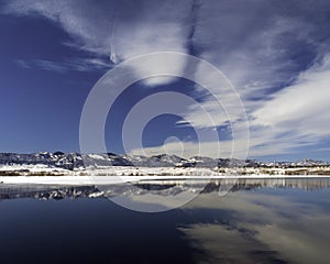 Colorado Winter Landscape with Frozen Lake and Snowy Mountains