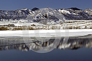 Colorado Winter Landscape with Frozen Lake and Snowy Mountains