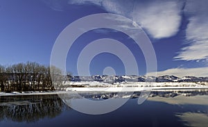 Colorado Winter Landscape with Frozen Lake and Snowy Mountains