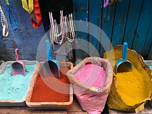 Colorants for sale on a street in Medina of Chefchaouen, Morocco, small town in northwest Morocco photo