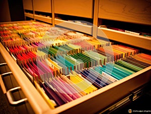 Colorcoded file folders in filing cabinet drawer photo