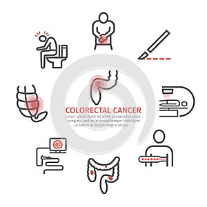 Colorectal Cancer banner. Diagnostics. Line icons set. Vector signs for web graphics.