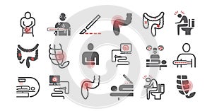 Colorectal Cancer Symptoms. Diagnostics. Line icons set. Vector signs for web graphics.