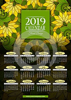 Colored 2019 Year Calendar Rectangular Template