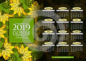 Colored 2019 Year Calendar Rectangular Template