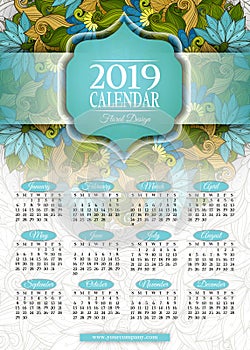 Colored 2019 Year Calendar Rectangular Template