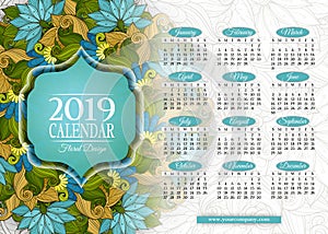 Colored 2019 Year Calendar Rectangular Template