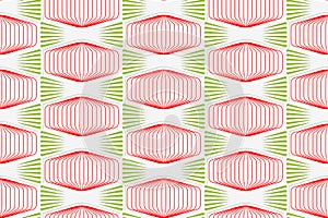 Colored 3D red and green striped squished hexagons