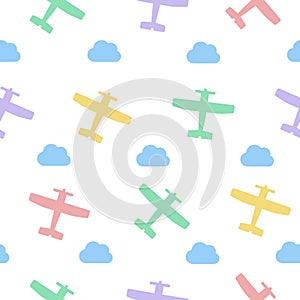 Colored airplanes and clouds vector seamless pattern for kids