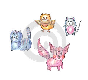 Colored animal toys cat mouse chick fox