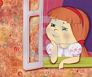 colored applique for children`s illustration, a girl looking out the window