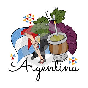 Colored argentina travel promotion with tango dancers and mate drink Vector