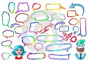 Colored arrows, speech bubbles set