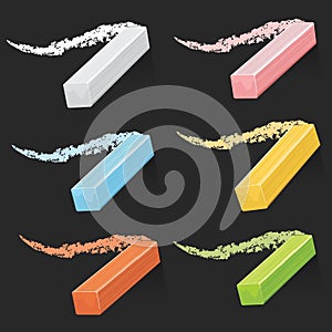 Colored artist chalks, pastel sticks with strokes on blackboard vector set