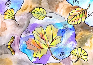 Colored autumn leaves lie on puddles. Children`s drawing