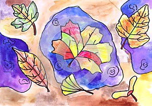 Colored autumn leaves lie on puddles. Children`s drawing