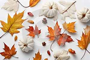 Colored autumn maple leaves on a white background