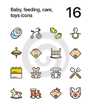 Colored Baby, feeding, care, toys icons for web and mobile design pack 2