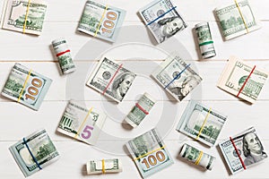 Colored Background with money american hundred dollar bills on top wiev with copy space for your text in business concept